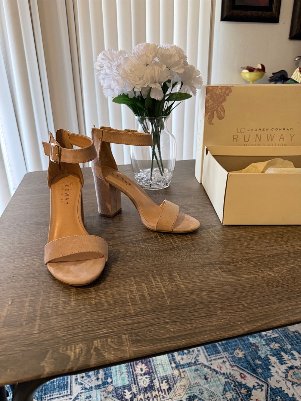 LC Lauren Conrad Tan Suede Ankle Strap Block Heels